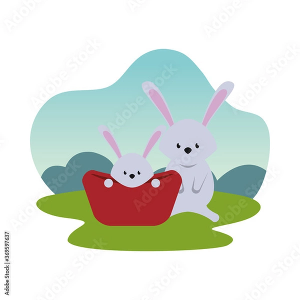 Fototapeta cute rabbits easter season characters with basket in camp