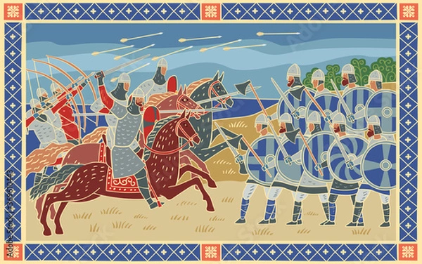 Obraz Battle of Hastings. Decorative pano. Stylized image in the form of a book medieval miniature