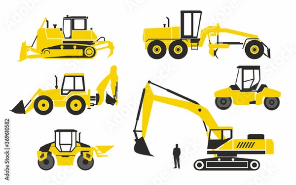 Fototapeta Various special vehicles for road construction. Stylish simplified icons. Excavators, rollers and bulldozers. Vector graphics