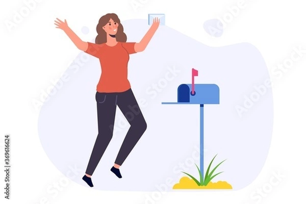 Fototapeta Happy woman is standing nearby mailbox and got letter. Vector illustration
