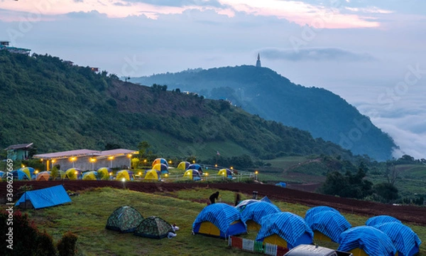 Obraz Fog with mountains, beautiful sunrise at Phu thap berk, Phetchabun, Thailand. August 2020. 