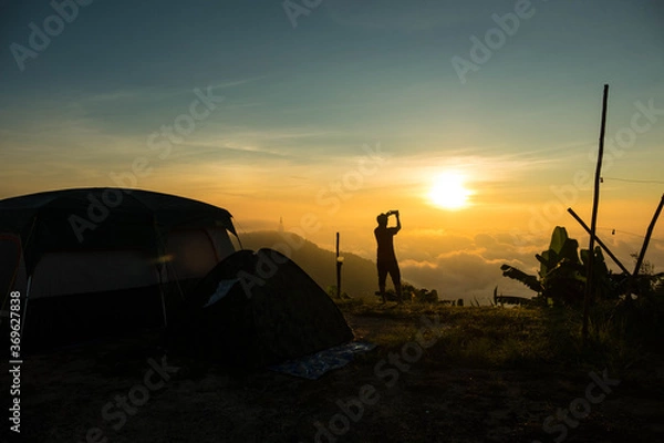 Obraz Fog with mountains, beautiful sunrise at Phu thap berk, Phetchabun, Thailand. August 2020. 