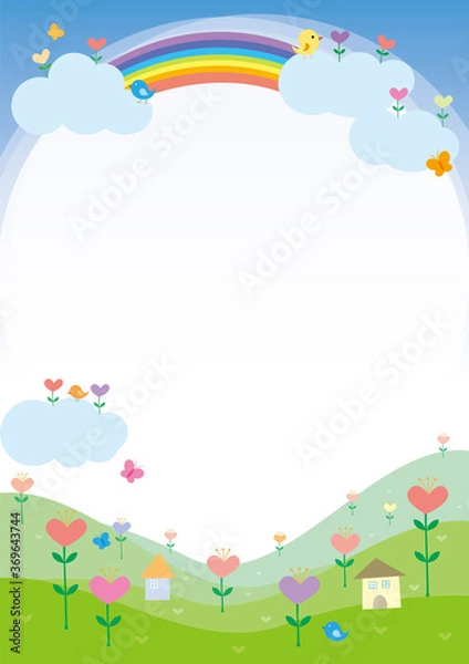 Obraz The background of clouds and rainbows and flowers blooming on the mountains.A good frame for children's notifications.Vector source for moving and editing individual images.