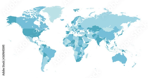 Obraz World Map. Highly detailed map of the world with detailed borders of all countries in blue colors. Vector illustration