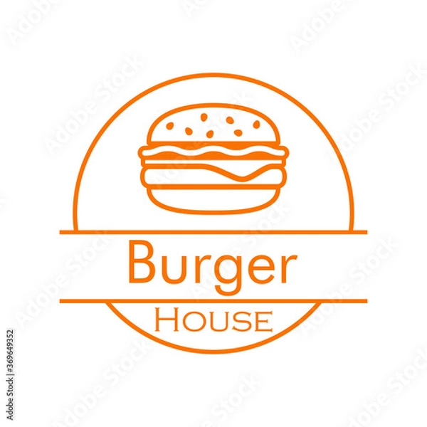 Fototapeta Concepto comida rápida. Logotipo lineal con texto Burger House en círculo con hamburguesa en color naranja