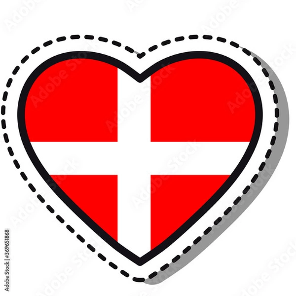 Obraz Flag Denmark heart sticker on white background. Vintage vector love badge. Template design element. National day. Travel sign.