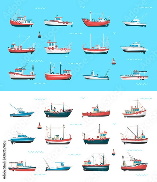 Fototapeta Fishing boats side view and buoys with blue sea background and isolated on white. Side view illustration.
