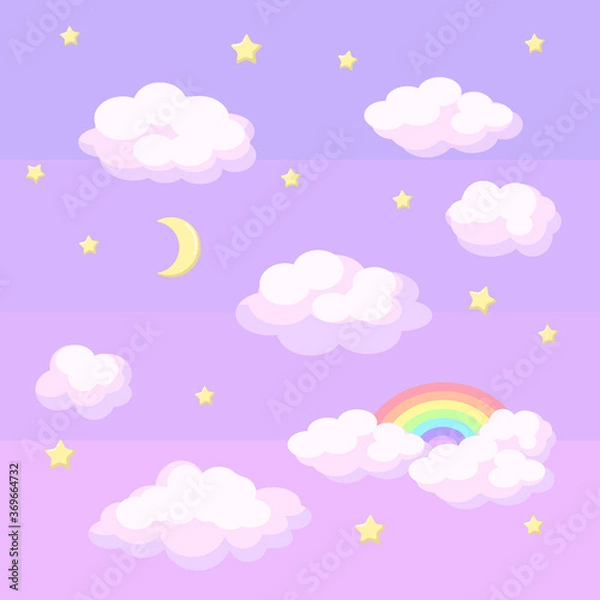 Fototapeta Set of clouds, stars, rainbow, and moon stickers. Dreamy sky nursery children clip art. Flat style vector design.