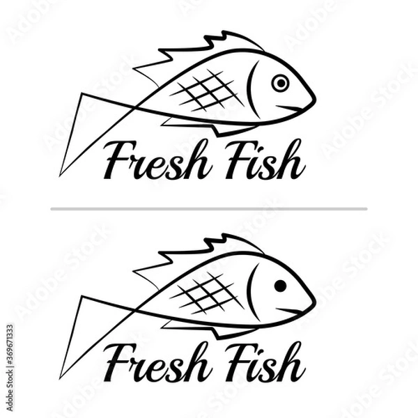 Obraz Fresh fish logo symbol icon sign simple black colored set 7. A set of two fish logos with a visible mouth line, black, sketch style, minimalist with a sample text.