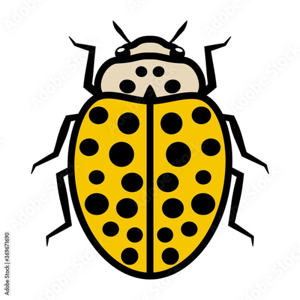 Obraz Ladybug logo symbol icon sign with twenty two black spots. An illustration of a ladybug, isolated, mostly black and yellow colored, simple style, outlined.