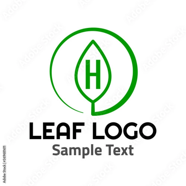 Obraz "H" leaf logo symbol icon sign. A leaf logo, green, simple minimalist style, with a green "H" letter and some sample text.