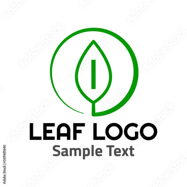 Obraz "I" leaf logo symbol icon sign. A leaf logo, green, simple minimalist style, with a green "I" letter and some sample text.