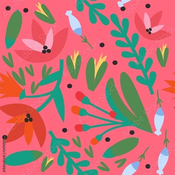 Fototapeta Seamless vector pattern with flowers and plants. Summer background.