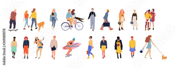 Fototapeta Crowd of people performing outdoor activities - walking dogs, riding bicycle, skateboarding. Group of male and female flat cartoon characters isolated on white background. Vector illustration.