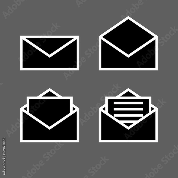 Obraz Letter envelope symbols icons signs logos simple black and white colored set. A set of icons of the envelope with the letter inside, minimalist, black and white (mostly black).