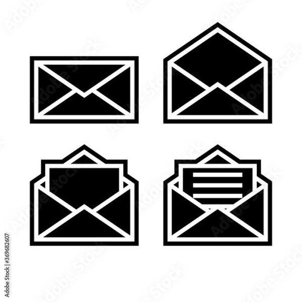 Fototapeta Letter envelope symbols icons signs logos simple black and white colored set 2. A set of icons of the envelope with the letter inside, minimalist, black and white (mostly black) with a black outline.