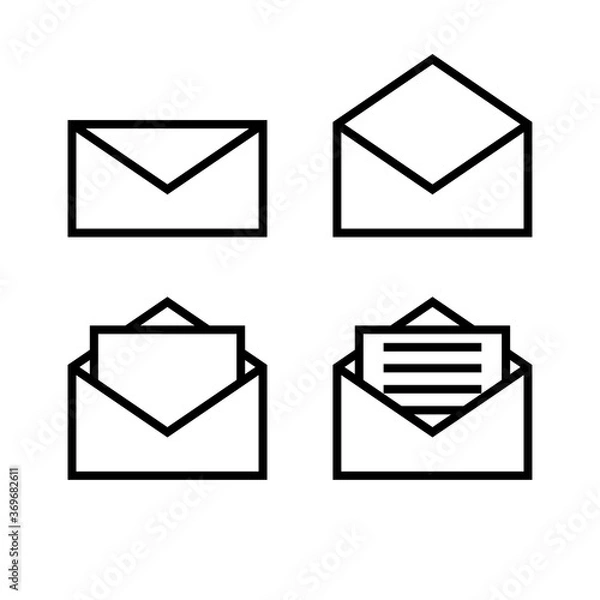 Fototapeta Letter envelope symbols icons signs logos simple black and white colored set. A set of icons of the envelope with the letter inside, minimalist, black and white (mostly white).
