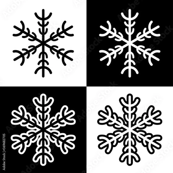 Obraz Snowflake symbols icons signs logos simple black and white colored set. A set of icons of snowflakes, minimalist, black and white with and without an outline.