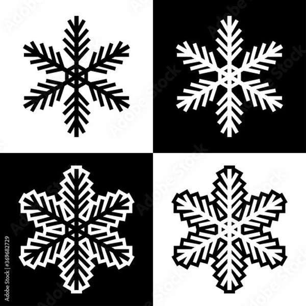 Obraz Snowflake symbols icons signs logos simple black and white colored set 2. A set of icons of snowflakes, minimalist, black and white with and without an outline.