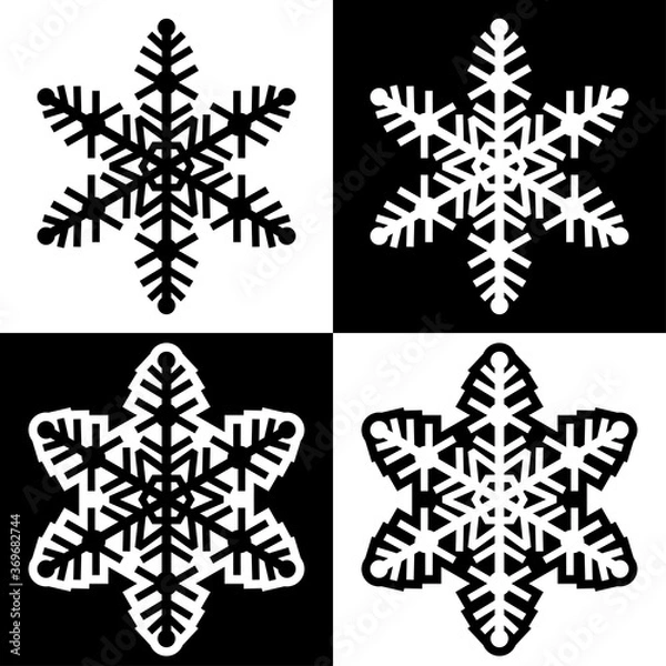 Obraz Snowflake symbols icons signs logos simple black and white colored set 3. A set of icons of snowflakes, minimalist, black and white with and without an outline.