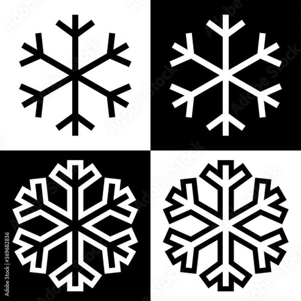 Fototapeta Snowflake symbols icons signs logos simple black and white colored set 8. A set of icons of snowflakes, minimalist, black and white with and without an outline.