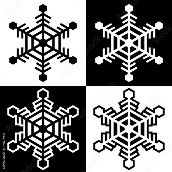 Obraz Snowflake symbols icons signs logos simple black and white colored set 10. A set of icons of snowflakes, minimalist, black and white with and without an outline.