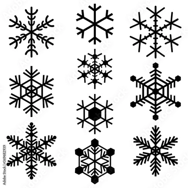 Fototapeta Snowflakes symbols icons signs logos simple black colored set. A set of ten icons of snowflakes, minimalist, black.