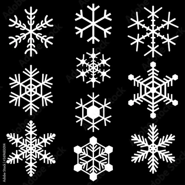 Fototapeta Snowflakes symbols icons signs logos simple white colored set. A set of ten icons of snowflakes, minimalist, white.