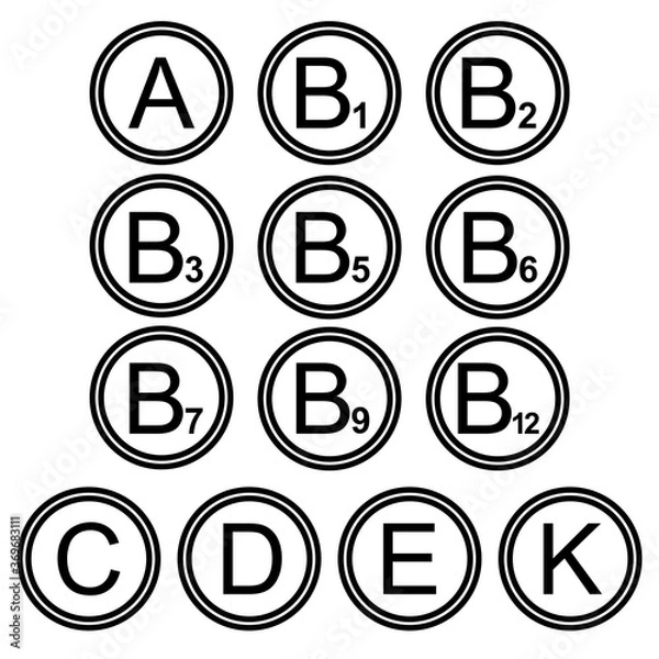 Obraz Vitamins symbols icons signs simple black and white colored set. A set of vitamin icons, flat, black and white (mostly white).