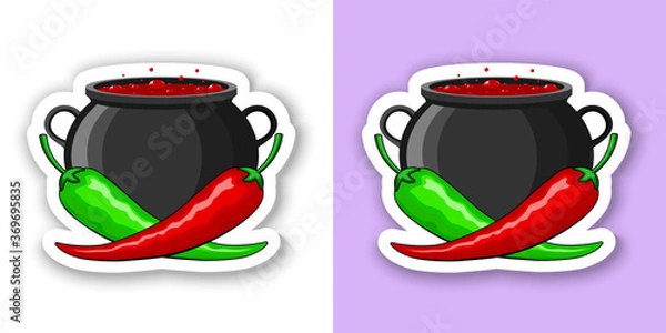 Fototapeta Hot mexican chili peppers. Green and red peppers on the background of a cauldron with hot simmering Mexican dish. With white outline and shadow