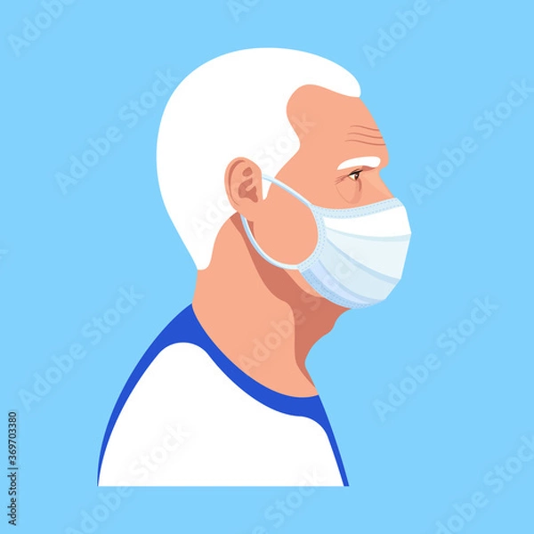 Fototapeta Aged man in a medical face mask profile portrait on blue background. Covid-19 older people protection concept.