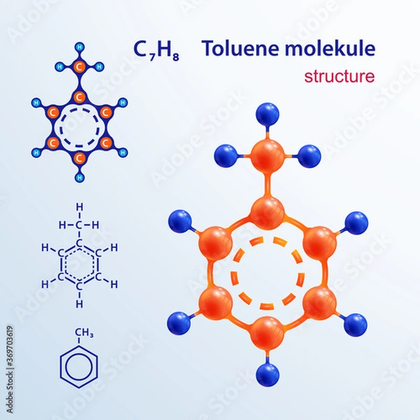 Fototapeta Structure of molecules. 3 D toluene molecule. Icon and chemical formula, C7H8, 2d & 3d. Vector illustration.