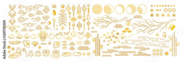Fototapeta Wektor zestaw z elementami, ilustracja znak zodiaku Wół; Symbol 2021 roku w chińskim kalendarzu. Chińskie ikony i tradycyjne symbole do dekoracji kart, projektowanie stron internetowych, banery na chiński nowy rok.