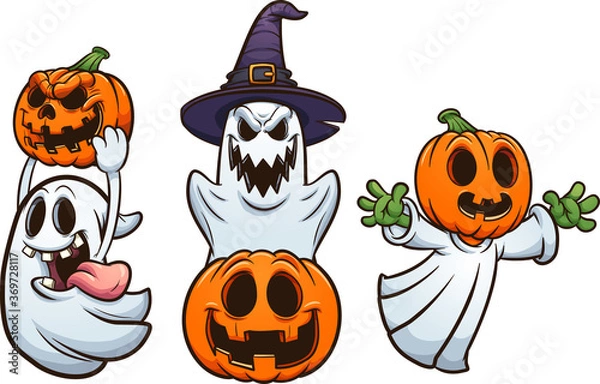 Fototapeta Halloween ghosts and pumpkins with evil smiles. Vector clip art illustration with simple gradients. Each on a separate layer. 
