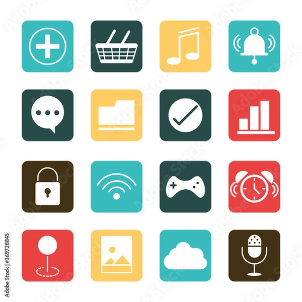 Fototapeta mobile application shopping music wifi photo clock audio, web button menu digital flat style icons set