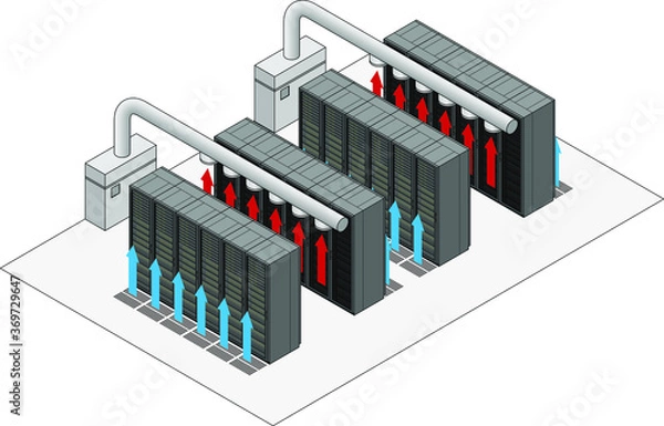 Fototapeta Data center hot and cold aisle rack/cabinet configuration/layout. Arrows show flow of hot and cold air.Cold air enters from raised floor. Hot air vents into overhead ducts.