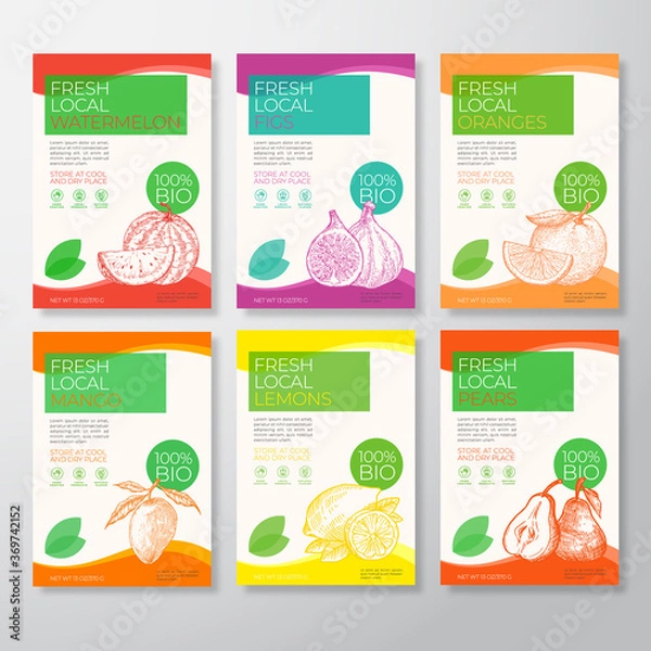 Fototapeta Fresh Local Fruit Labels Packaging Design Layout Collection. Vector Background Covers Set. Modern Typography and Hand Drawn Watermelon, Figs, Oranges, Mango, Lemon and Pears.