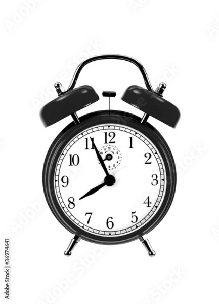 Fototapeta close up of black bell clock (alarm clock) isolated on white bac