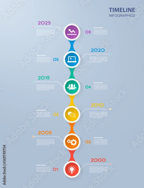 Fototapeta Infographics timeline template with realistic colorful circles for 6 steps and icons. Can be used for workflow layout, diagram, number options, step up options, web design, infographics, presentations