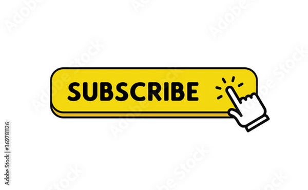 Fototapeta Subscribe button with hand click icon. Finger pointer clicking web site call to action. Clic vector.