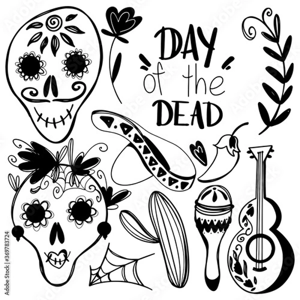 Fototapeta Cute kawaii death day set skull, lettering, guitar, flower isolated on white background. Doodle digital art outline. Print for banners, coloring page, packaging, invitation, wrapping paper
