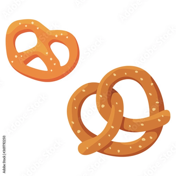 Obraz Bavarian salted pretzel on white isolated backdrop. Sweet bakery snack for invitation or gift card, notebook, Beer pub logo, scrapbook. Phone case or cloth print. Flat style stock vector illustration