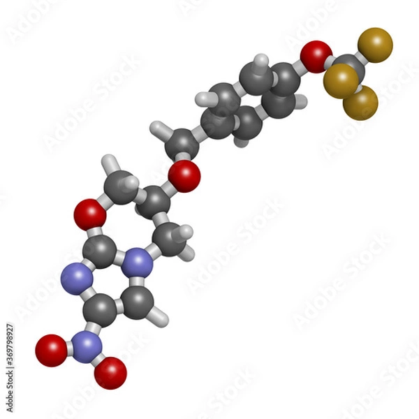 Fototapeta Pretomanid tuberculosis drug molecule. 3D rendering. Atoms are represented as spheres with conventional color coding: hydrogen (white), carbon (grey), nitrogen (blue), oxygen (red), fluorine (gold).