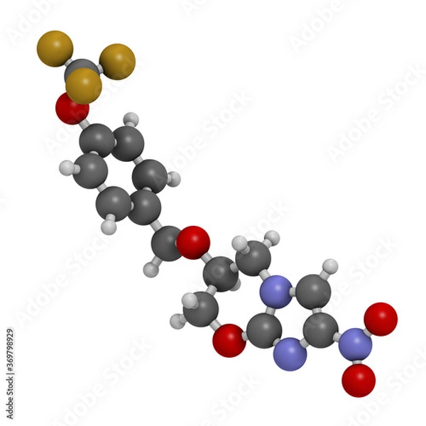 Fototapeta Pretomanid tuberculosis drug molecule. 3D rendering. Atoms are represented as spheres with conventional color coding: hydrogen (white), carbon (grey), nitrogen (blue), oxygen (red), fluorine (gold).