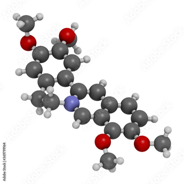 Fototapeta Palmatine herbal alkaloid molecule. 3D rendering. Atoms are represented as spheres with conventional color coding: hydrogen (white), carbon (grey), oxygen (red), nitrogen (blue).