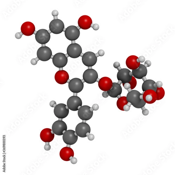 Fototapeta Chrysanthemin plant pigment molecule. 3D rendering. Atoms are represented as spheres with conventional color coding: hydrogen (white), carbon (grey), oxygen (red).