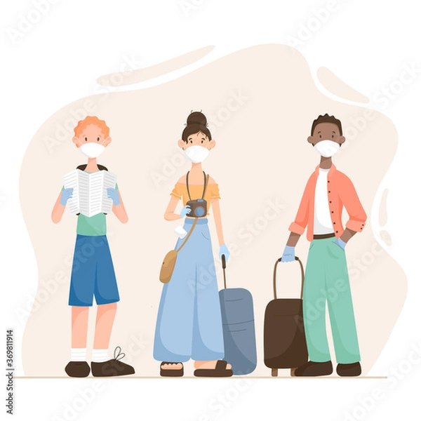 Fototapeta Vector illustration of cartoon modern flat people man and woman travel with suitcases and medical masks on their faces.