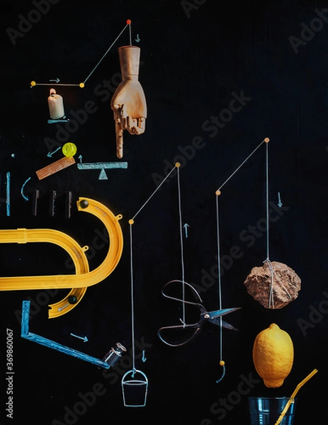 Obraz Making lemonade flat lay, Rube Goldberg machine reference