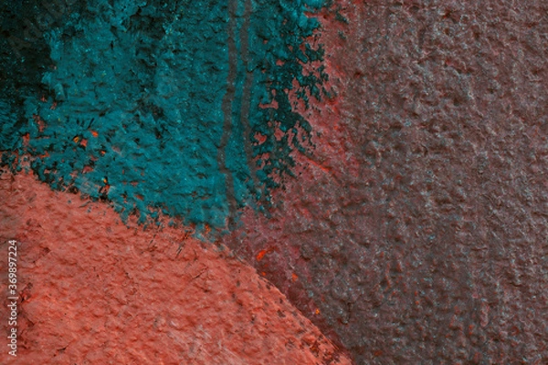 Fototapeta Fakturę ściany pomalowano terakotą, ciemnopomarańczową i ciemnozieloną farbą z plamami. Jest miejsce na tekst. Zdjęcie zostało zrobione dla twojego projektu grunge.