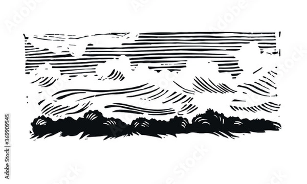 Fototapeta Linocut landscape. Illustration of nature. Clouds linocut. Black and white illustration of a cloud.
